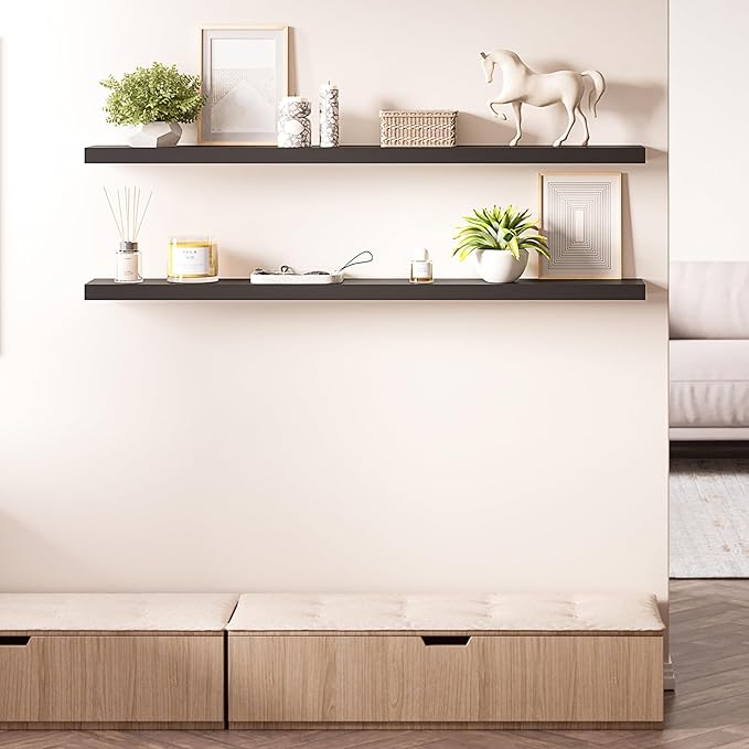 Ballucci Floating Shelves for Wall, 55 inch 2-Tier Black Shelf, Invisible Brackets, Wood Wall Shelf for Living Room, Bedroom,