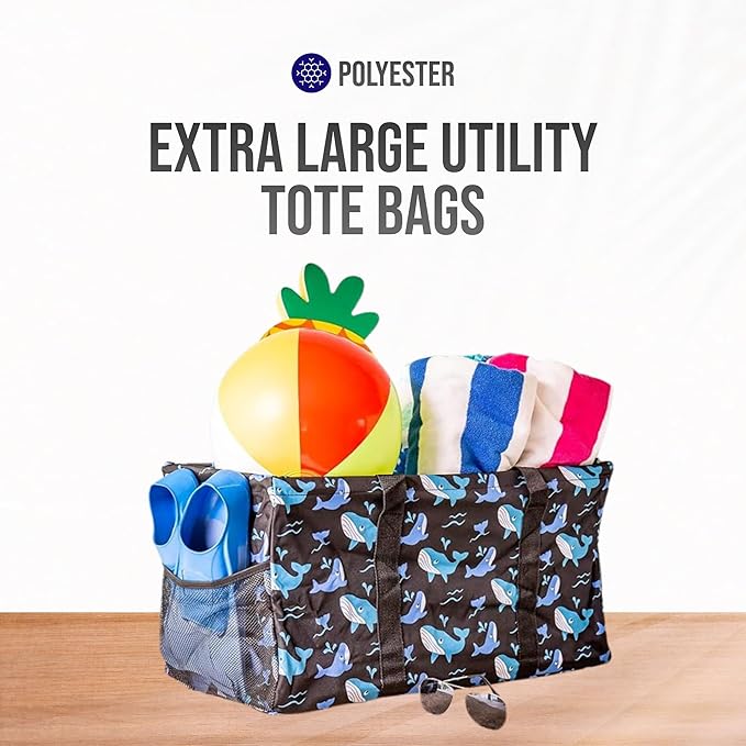 Extra Large Utility Tote Bag - Oversized Collapsible Reusable Wire Frame Rectangular Canvas Basket With Two Exterior Pockets For Beach, Pool, Laundry, Car Trunk, Storage - Whale