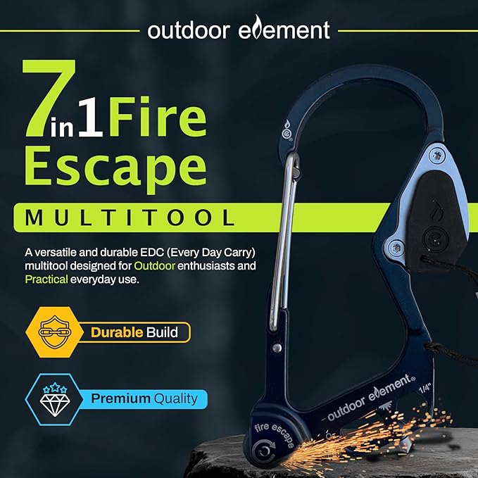 OUTDOOR ELEMENT Fire Escape, Emergency Escape Tool, Seatbelt Cutter, Window Breaker, Multi Tool, Fire Starter, Carabiner, and