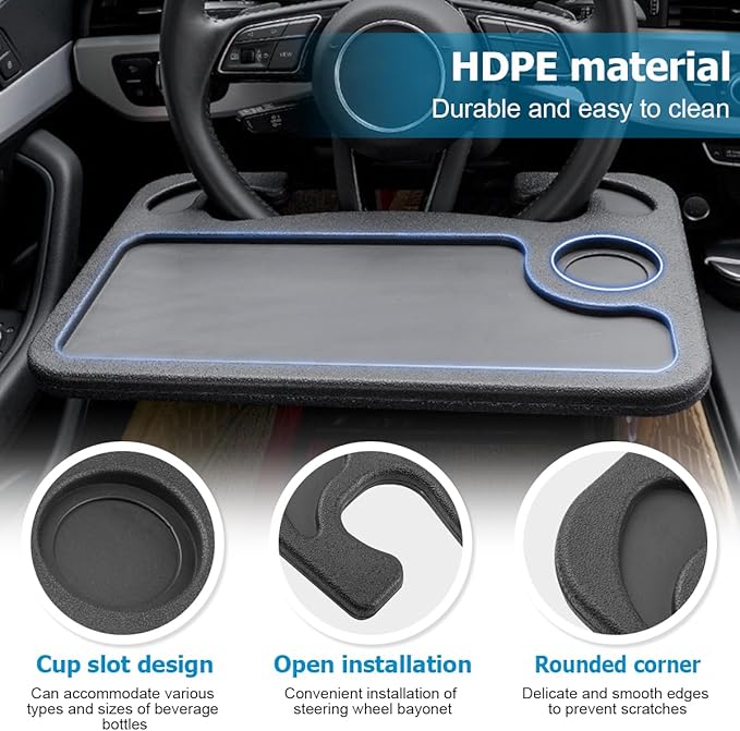 Mandark Car Steering Wheel Tray, 2 in 1 Auto Steering Wheel Desk for Eating Drinks Laptop, Multipurpose Vehicle Interior Travel Essential Table Accessories, Universal for RV, SUV, Truck (Black)