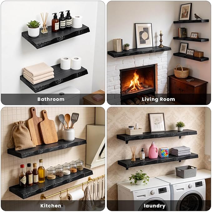 Solid Elm Wood Live Edge Floating Shelves, 48 Inch Black Rustic Wall Shelves with Hidden Heavy-Duty Brackets, Wall Mounted St