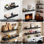 Solid Elm Wood Live Edge Floating Shelves, 48 Inch Black Rustic Wall Shelves with Hidden Heavy-Duty Brackets, Wall Mounted St