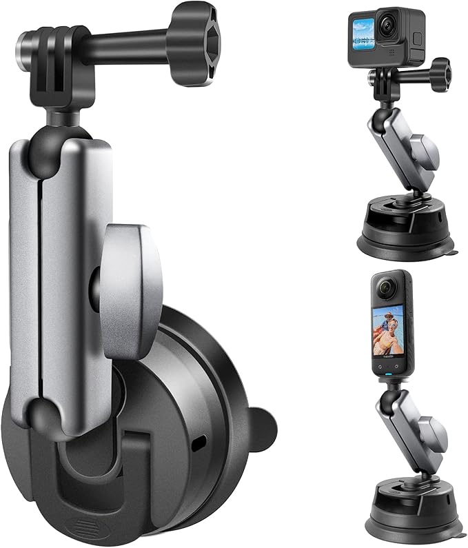 REYGEAK Suction Cup Car Mount with 1/4 Thread, 360° Rotation Windshield Car Mount for GoPro Hero 12 11 10 9 8 Insta360 X4 X3 Go3 DJI Action 4, Pocket 3 Accessories