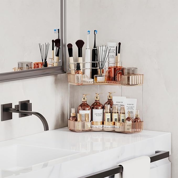 Asayuee 2-Tier Corner Bathroom Counter Organizer with Top Toothbrush Holders,Large Makeup Organizer Countertop with Brush Hol