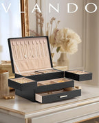 Vlando 3 Layer Jewelry Box - Women Jewelry Box with Retractable Tray - Jewelry Organizers with Drawer for Necklaces, Rings, B