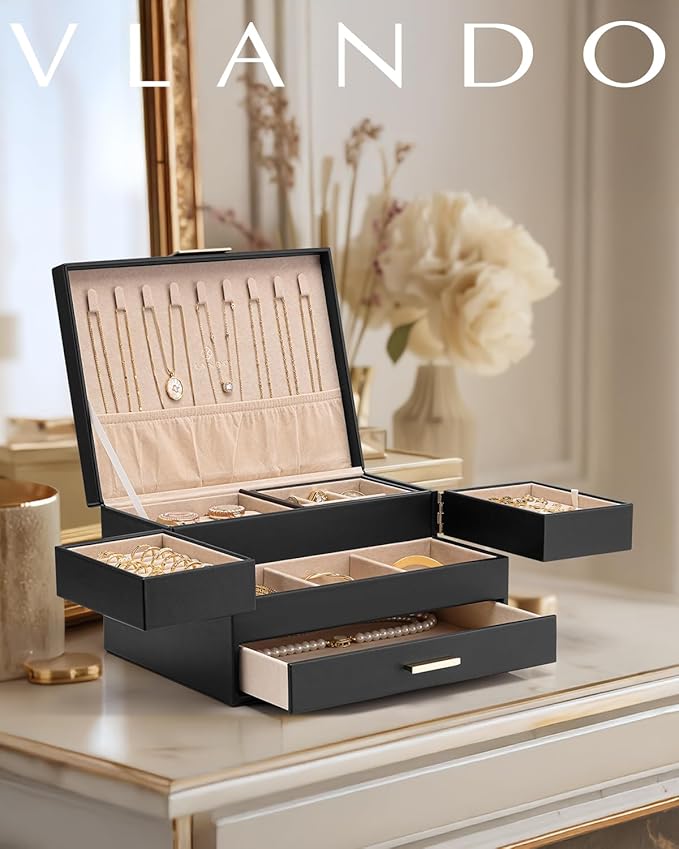 Vlando 3 Layer Jewelry Box - Women Jewelry Box with Retractable Tray - Jewelry Organizers with Drawer for Necklaces, Rings, B