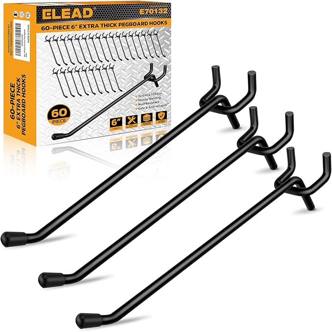 ELEAD 60-Piece 6 Inch Extra Thick Pegboard Hooks, Heavy Duty Peg Board Organizer Accessories, Peg Board Tool Hangers Fit for 