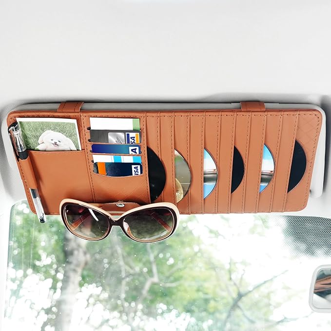 alpmosn Sun Visor CD Case Holder for Car - Multi-Function Visor Organizer with CD/DVD Storage, Eyeglass Clip, Card Slots & Pen Holder, Durable Leather Car Accessories (Orange)