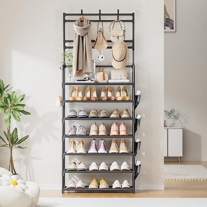 Shoe Rack 7 Tier Shoe Organizer Storage 21-28 Pairs Closet Shoes Rack for Front Door Entrance Shoe Rack Organizer with Hooks 