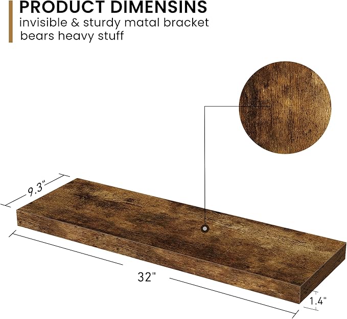 Fun Memories 32Inch Floating Shelves, 9.3Inch Deep Rustic Wall Shelves - Extra Deeper & Thicker Wall Mounted Storage Shelf fo