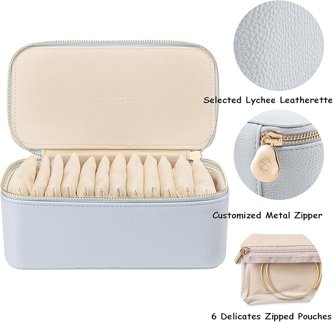 VLANDO Travel Jewelry Box Organizer – Portable PU Leather Jewelry Case with 6/8/12 Zippered Pouches, Compact Storage for Earr