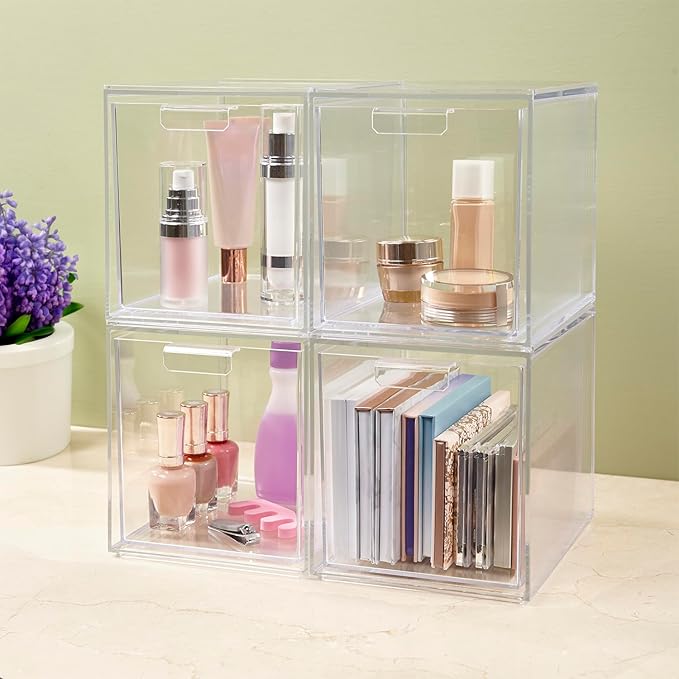 STORi Audrey Stackable Bin Clear Plastic Organizer Drawers | 2 Piece Set | Organize Cosmetics and Beauty Supplies on a Vanity