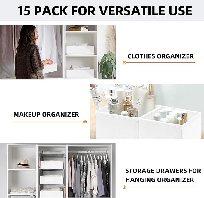 Criusia Closet Drawer Organizer Clothes, 15 Pack White Dresser Organizer for Baby Clothes, Fabric Drawer Dividers for Nursery
