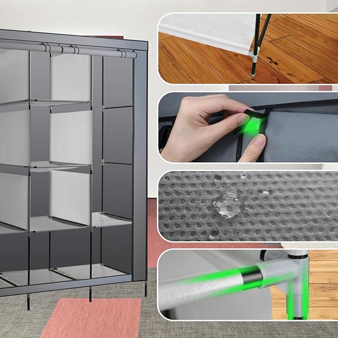 PLKO Portable Closet, Wardrobe Closet Organizer,Portable Clothes Closet Rolling Door Wardrobe with Grey Oxford Fabric Cover f