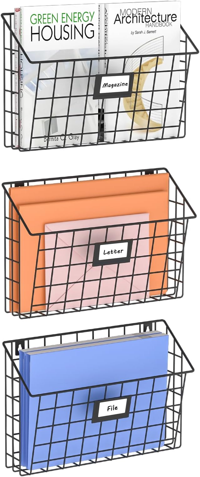 X-cosrack Detachable Hanging Wall Files Rack&3-Tier Metal Folder Wall File Holder with Tag Slot Mounts on Wall and Door for O