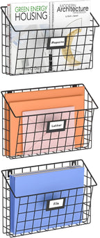 X-cosrack Detachable Hanging Wall Files Rack&3-Tier Metal Folder Wall File Holder with Tag Slot Mounts on Wall and Door for O
