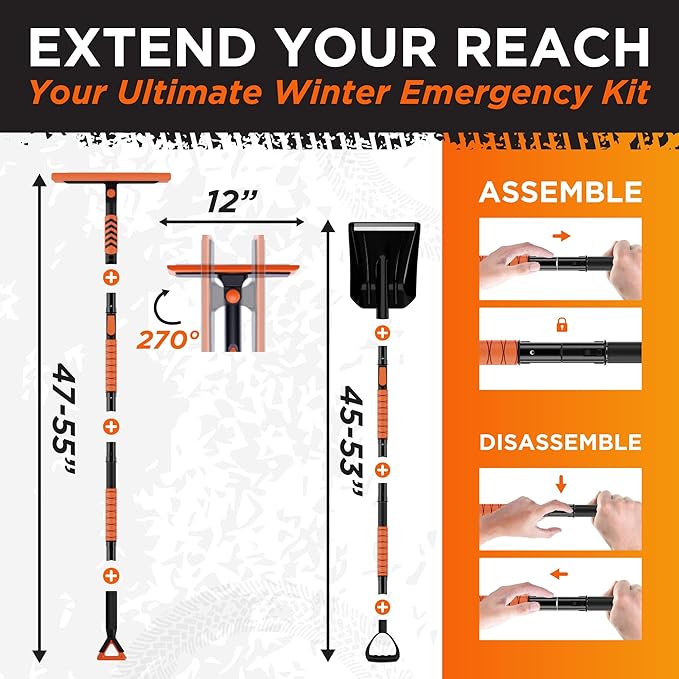 RoofPax 55" Ice Scrapers for Car Windshield and 270° Pivoting Non-Scratch Snow Brush Winter Car Kit with Snow Shovel Snow Brush for Cars and Snow Scraper with Extendable Snow Shovel for Car