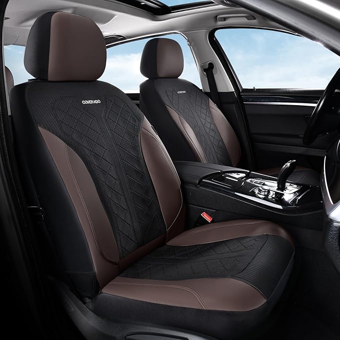 Coverado Seat Covers for Car 5 Seats, Leather Car Seat Covers Fullset, Breathable Mesh Front and Rear Protectors, Coffee Luxu