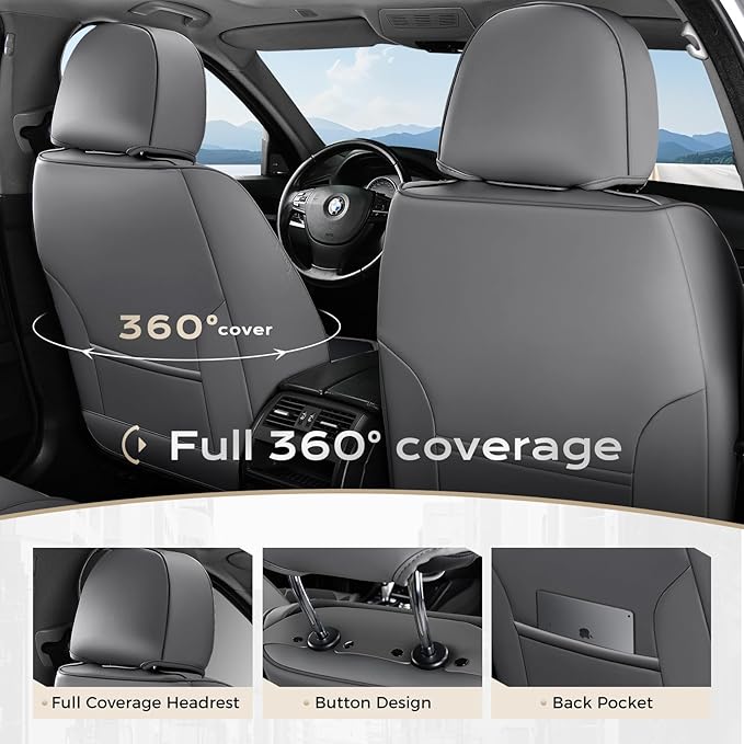 Coverado Car Seat Covers Full Set, Nappa Leather Seat Covers for Cars, Car Seat Protector Car Seat Cushion, Front and Back Se