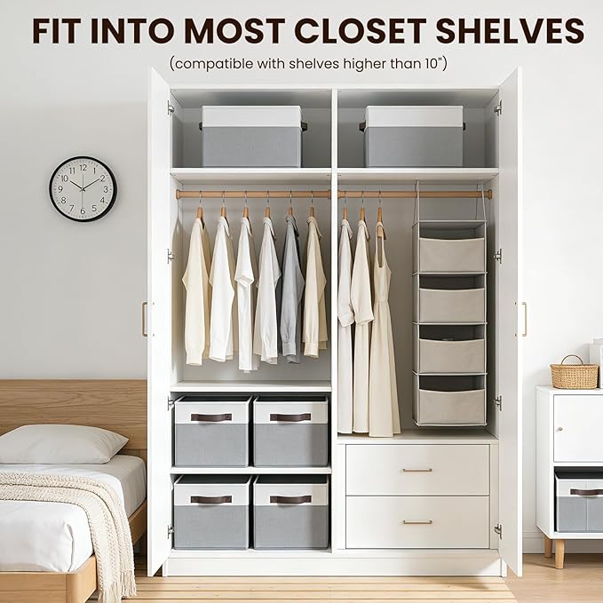 4 Pack Large Closet Storage Baskets Bins for Shelves | Fabric Closet Organizers and Storage with Handles Home Organization | 