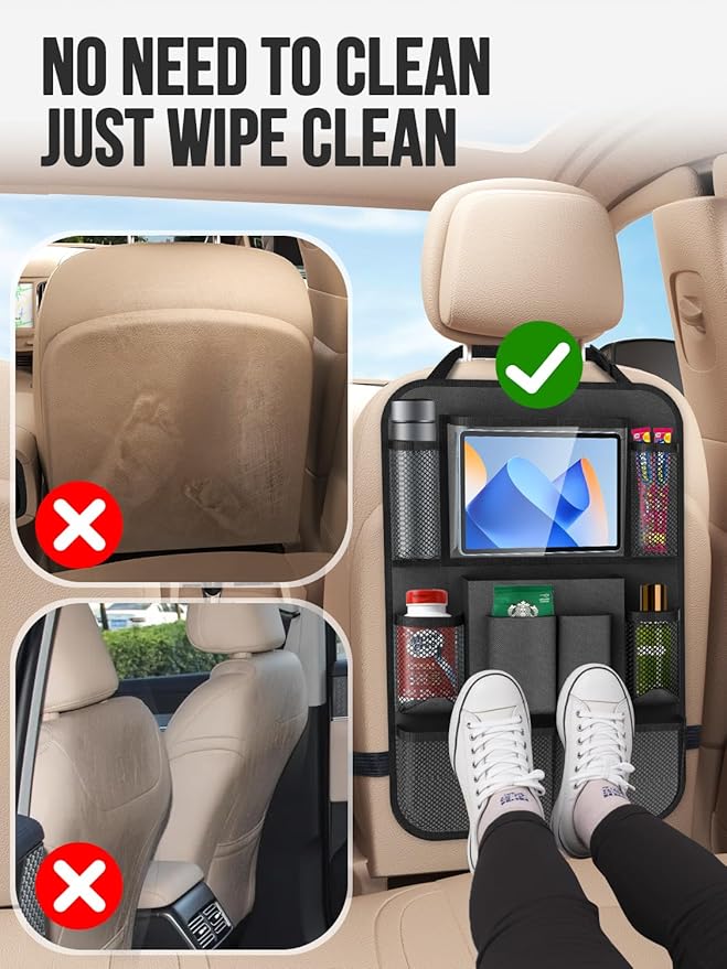 New Fi Backseat Car Organizer(20 Storage Pockets),Come with Free 1 Seat Net and 2 Headrest Hook, Touch Screen Tablet Holder, Divider for Driving Safely Children & Pets…, Car Organizer (black)