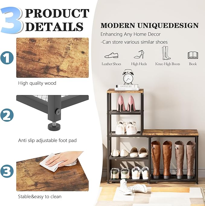 Shoe Rack Bench for Entryway,Free Standing Shoe Storage Organizer for Front Door Entrance,4-Tier Boot Rack Holder Shelf for C