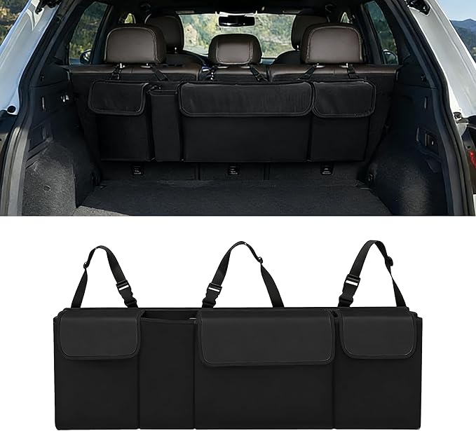 Car Trunk Organizer, Waterproof Backseat Hanging Large Storage with Adjustable Straps, Collapsible Cargo Bag with 4 Pockets,