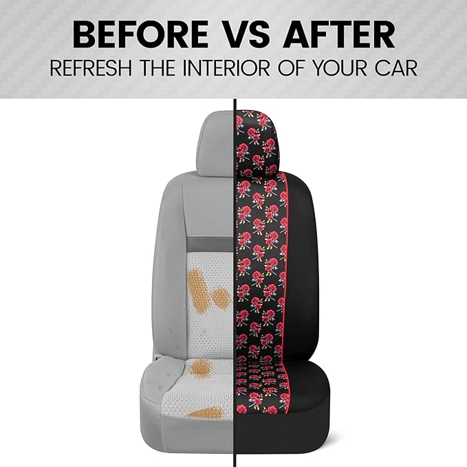 BDK Red Rose Car Seat Covers for Front Seats, 2 Pack – Flower Pattern Front Seat Cover Set with Matching Headrest, Sideless D