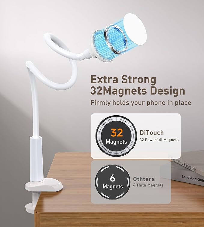 Magnetic Gooseneck Phone Holder Mount for iPhone 17/16/15/14/13/12 - Magnetic Stand Tabletop Clamp 360°Rotation Adjustable for Office/Home Compatible with iPhone 17 16 15 14 13 12 Mini Plus Pro Max