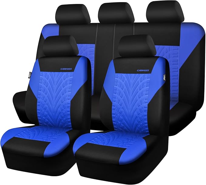 CAR PASS Car Seat Covers Full Sets, Front & Split Rear Bench for Car, 3D Tyre Embossed Automotive Interior Covers, Airbag Com