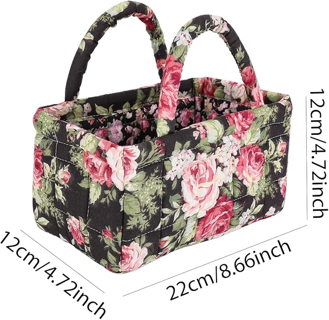 Small Storage Basket Organizer, Mini Fabric Floral Storage Baskets with Handle, Quilted Portable Collapsible Storage (L)