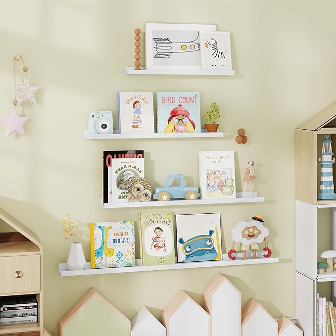 Fun Memories Picture Ledge Shelf - 30 Inches Floating Shelves Set of 4 - Floating Shelves with Lip for Storage - Wood Bookshe