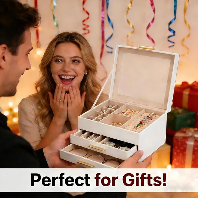 Jewelry Box for Women, 3-Layer Jewelry Box, Jewelry Organizer with Clear Glass Lid and Drawers, Jewelry Organizers and Storag