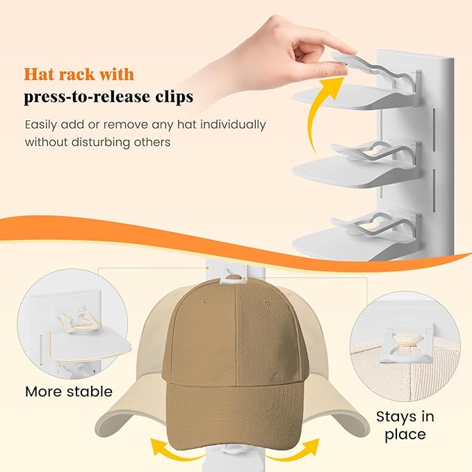 YOUDENOVA 2 Pack Hat Organizer for Baseball Caps, Adhesive or Screw-Mounted Hat Rack Holds 40 Hats, Hat Storage Display for W