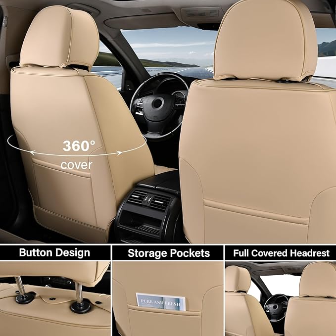 Coverado Seat Covers, Car Seat Covers Front Seats, Waterproof Nappa Leather Auto Seat Cover with Lumbar Head Pillow, Beige Se