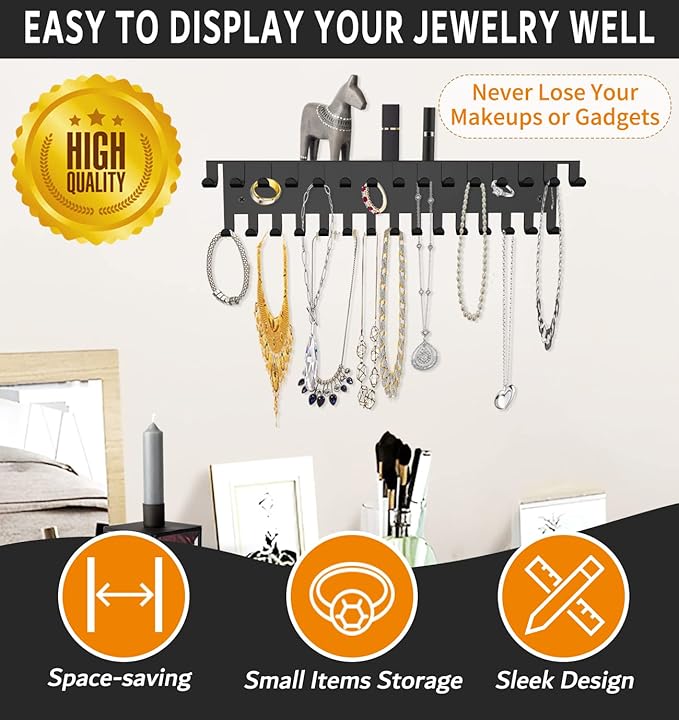 Necklace Jewelry Holder Wall Hanging Organizer Hangers Storage Mounted Shelf with 56 Hooks Tray Display Girls Women Metal Doo