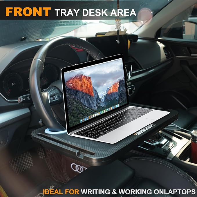 2 in 1 Car Steering Wheel Desk - Tray for Laptop Car Mount with Pen Holder, Car Food Tray with Anti-Slip Silicone Ring for Eating & Work - Portable Bag Included