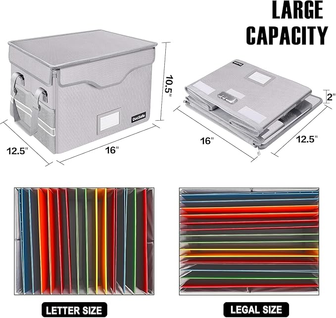 DocSafe Fireproof Document Box with Lock,File Storage Organizer with Pockets,Collapsible Portable File Box Home Office Safe F