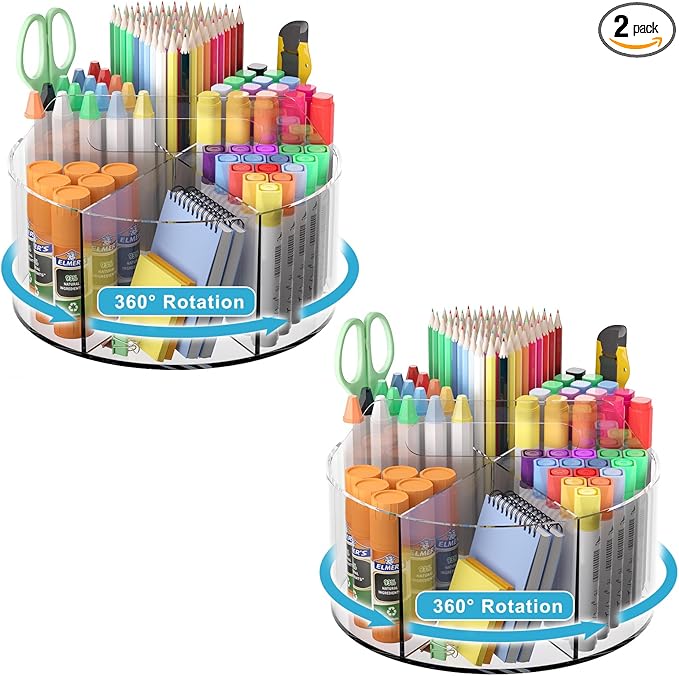 Acrylic Desk Organizer Clear Pen Holder 2 Packs, 360 Degree Pencil Holder for Desk Kids, Rotating Lazy Susan Organizer for Sc