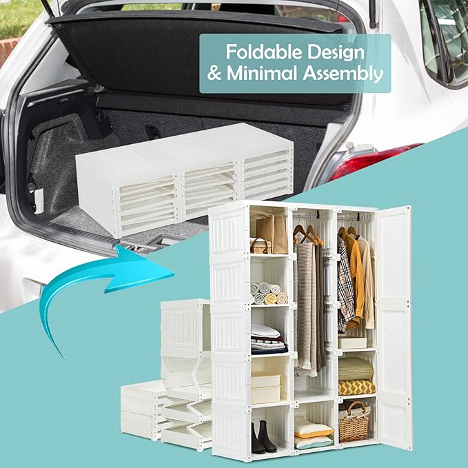 Tangkula Portable Closet Wardrobe, Foldable Clothes Organizer with Cubby Storage, Hanging Rods, Easy Assemble Clothing Storag