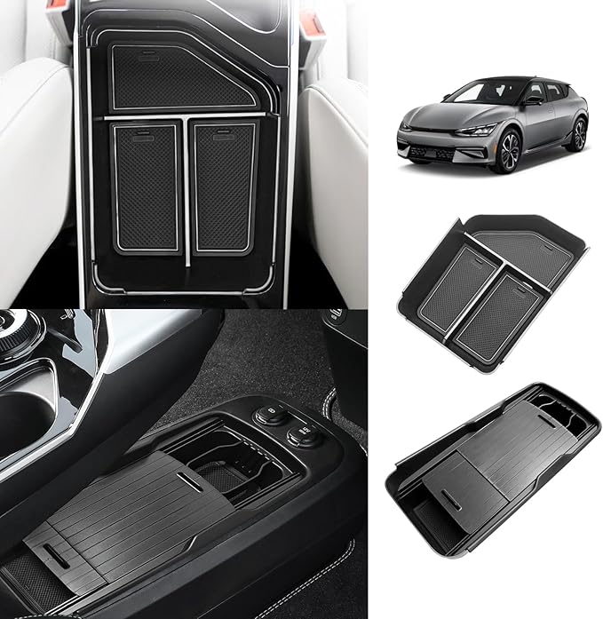 BestEvMod Armrest Organizer&Lower Center Console Compatible with 2025 2022-2024 Kia EV6 Accessories Slide Cover Organizer Adjustable Cup Holder 2PCS with PVC Trim (Console+Slide Cover Lower)