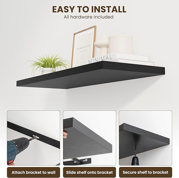Dreamland 40" Floating Shelves for Wall, 12" Deep Slim Black Floating Shelves, Wall-Mounted Shelves for Bedroom, Living Room,