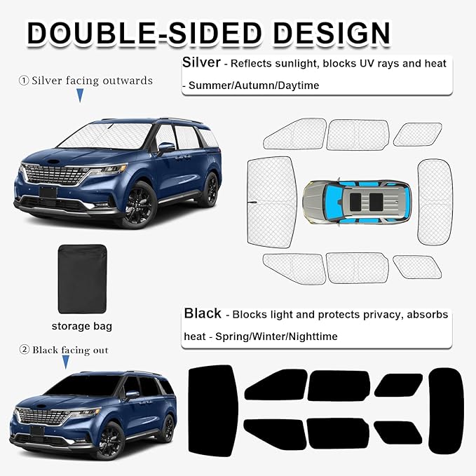 KMF 8pcs Thicken Sun Shades for Kia Carnival 2022-2025 2026 Accessories, Full Car Window Covers Sunshade for Windshield Side Rear, UV Block and Privacy Blackout for Car Camping Outdoor