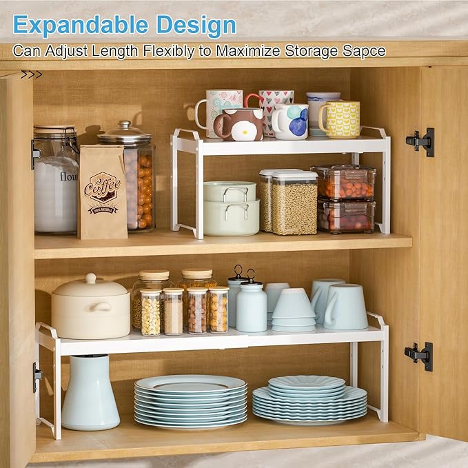 4 Pack Kitchen Cabinet Shelves Organizers, Kitchen Counter Storage Shelf Spice Rack, Expandable Length, Adjustable Height, St