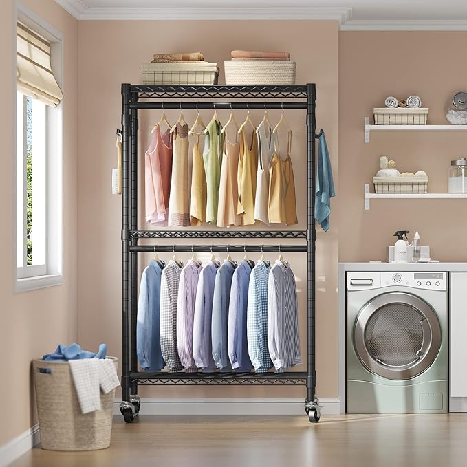 VIPEK R2 Medium Rolling Clothes Rack Heavy Duty Clothing Rack for Hanging Clothes Adjustable Metal Wire Shelving Portable Clo