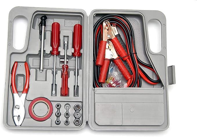 Emergency Roadside Automobile Assistance Kit- 30 Piece Set for Car, Truck, SUV, RV-Carrying Case, Jumper Cables, Tools, Glove