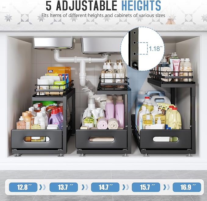 Under Sink Organizer Upgrade To Professional Rails,2-Tier Dual Pull Out Cabinet Storage,Height Adjustable Slide Out Drawers F
