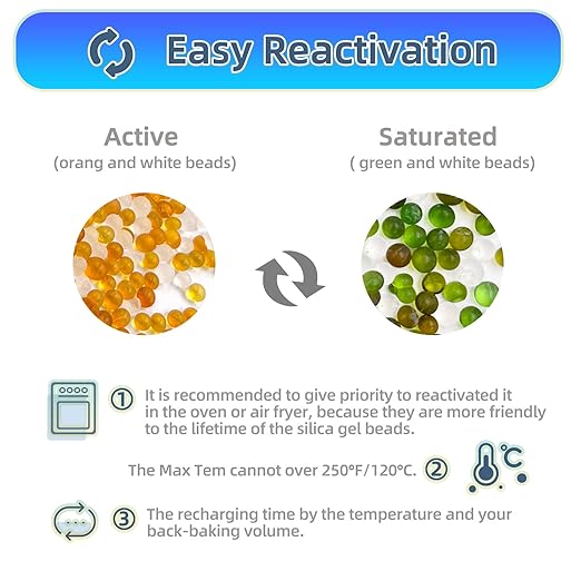 [6 Packs] 50g Desiccant Packs, Indicating Silica Gel Packets, Rechargeable Desiccant Packs, Desiccant Moisture Absorber for