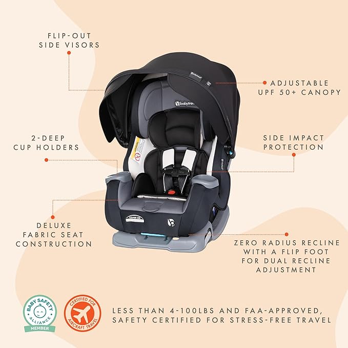 Baby Trend Cover Me 4-in-1 Infant Toddler Convertible Car Seat with Adjustable/Removable Canopy for Sun Protection & 2 Cup Ho