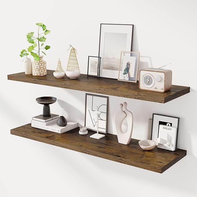 Dreamland 48" Floating Shelves for Wall, 12" Deep Slim Rustic Brown Floating Shelves, Wall-Mounted Shelves for Bedroom, Livin